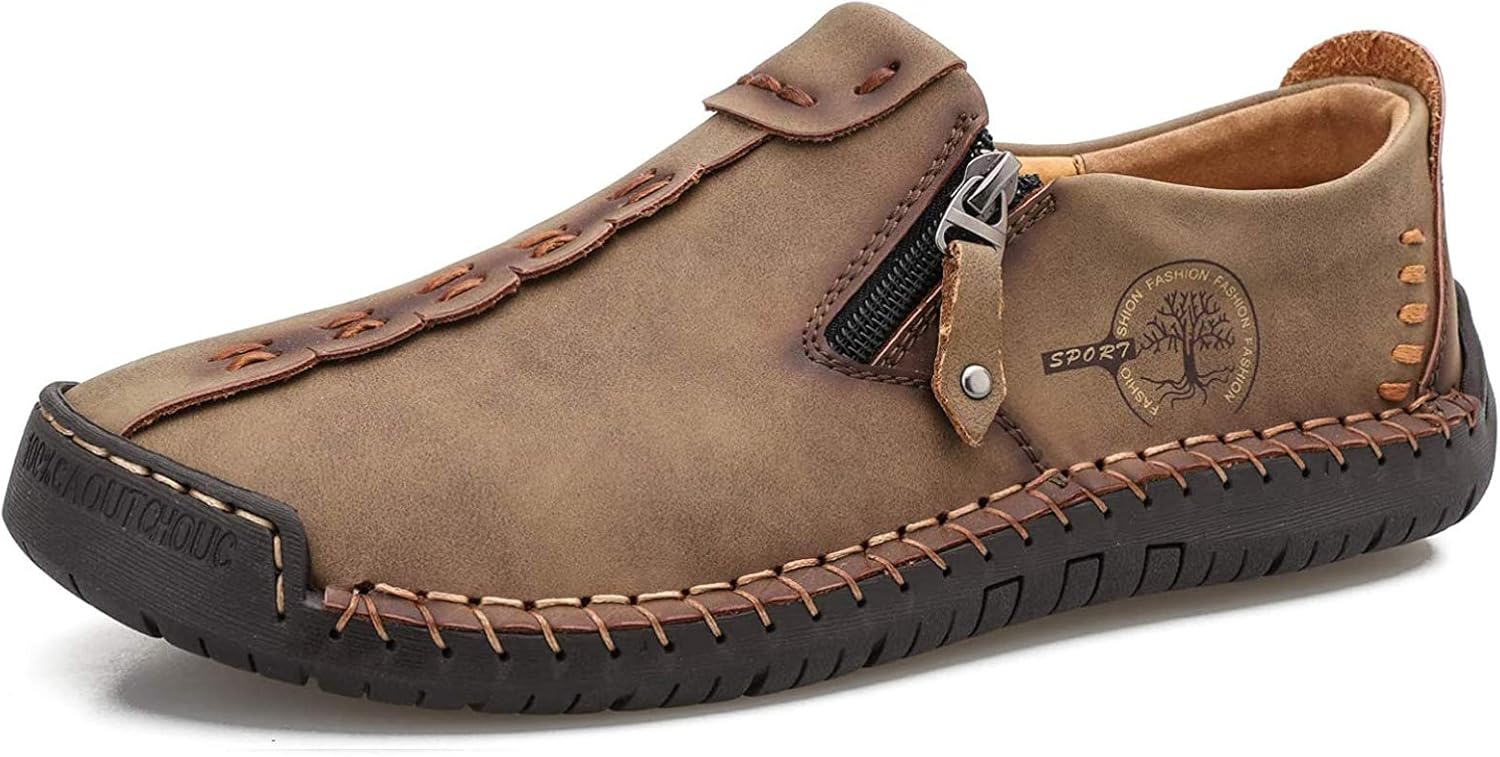 

Мужские слипоны-лоферы, повседневные кожаные лоферы на плоской подошве, легкие дышащие туфли для прогулок и вождения, комфортные классические туфли с ручной строчкой, офисные и туфли, противоскользящие мокасины с круглым носком Nuheel, хаки