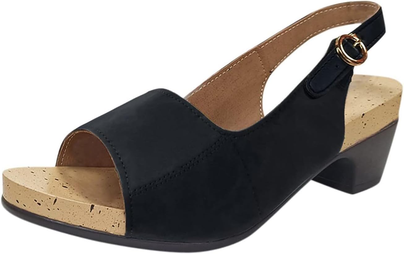 

Женские сандалии на низком массивном каблуке, открытый носок, ремешок с пряжкой на пятке, летние удобные элегантные сандалии на низком каблуке, противоскользящие повседневные дышащие обувь для ходьбы Generic, черный