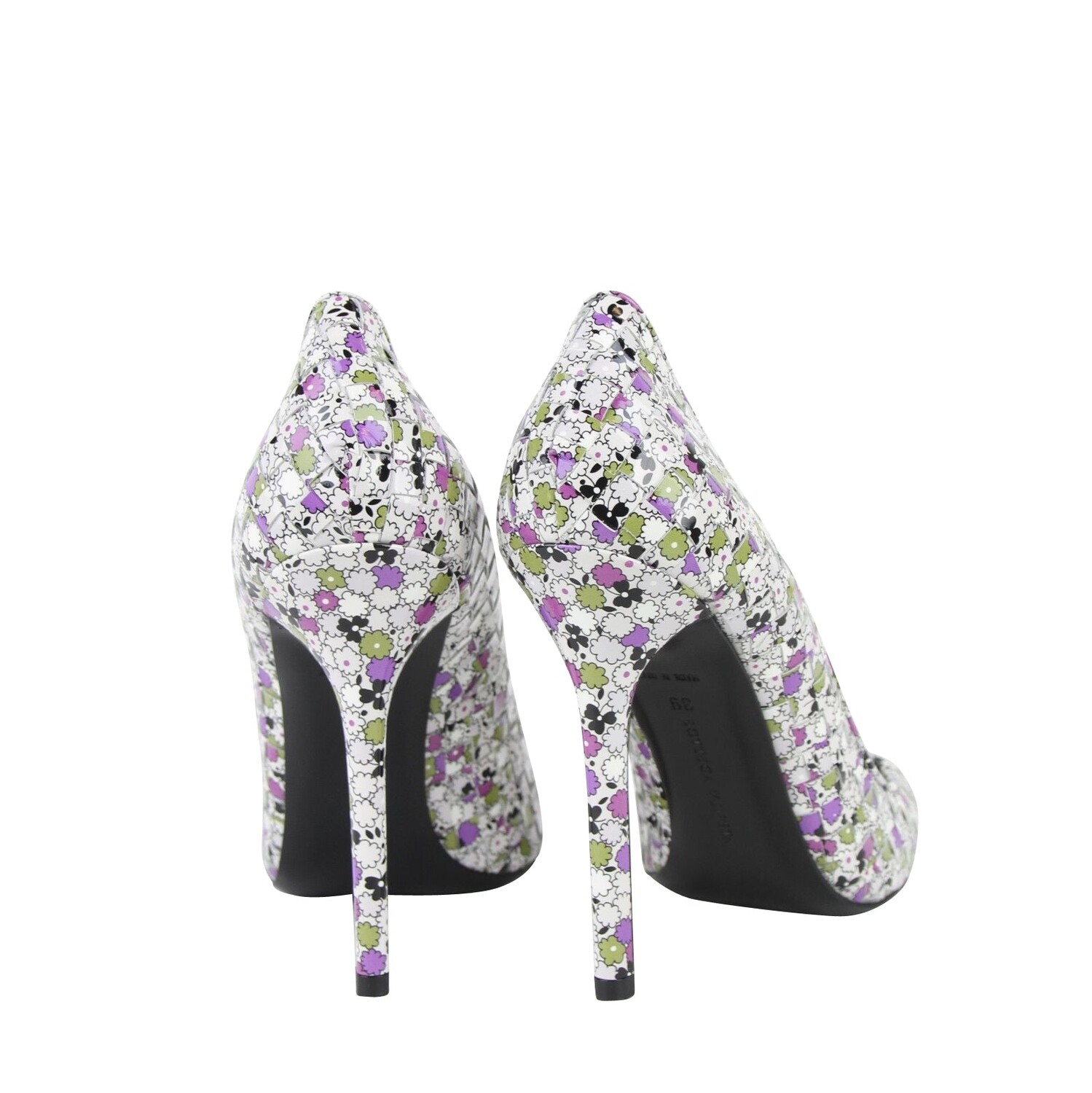 

Женские плетеные кожаные туфли на каблуке Bottega Veneta с цветочным принтом, цвет Green / Purple