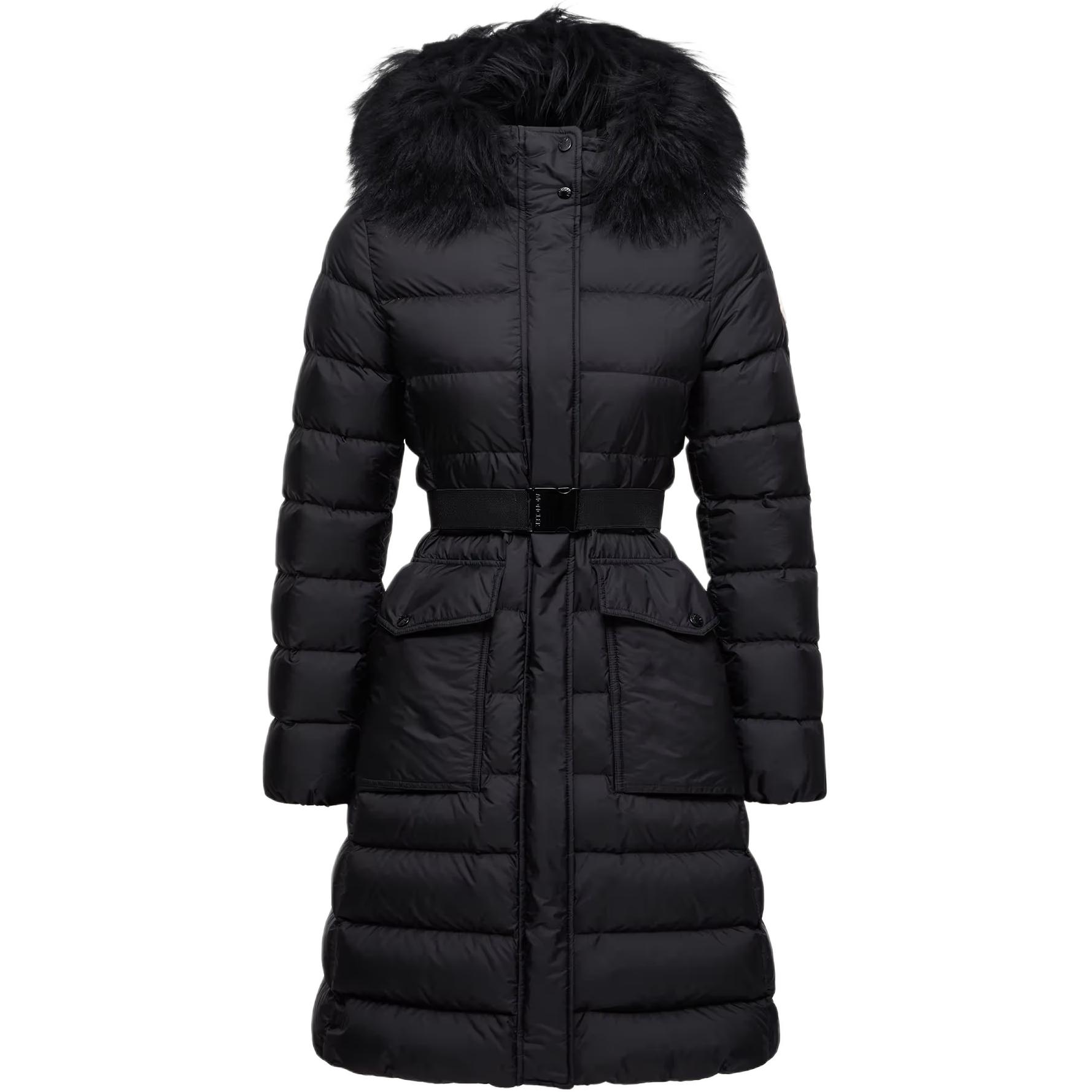 

Moncler Длинная пуховая куртка с капюшоном и отделкой из овчины, Black