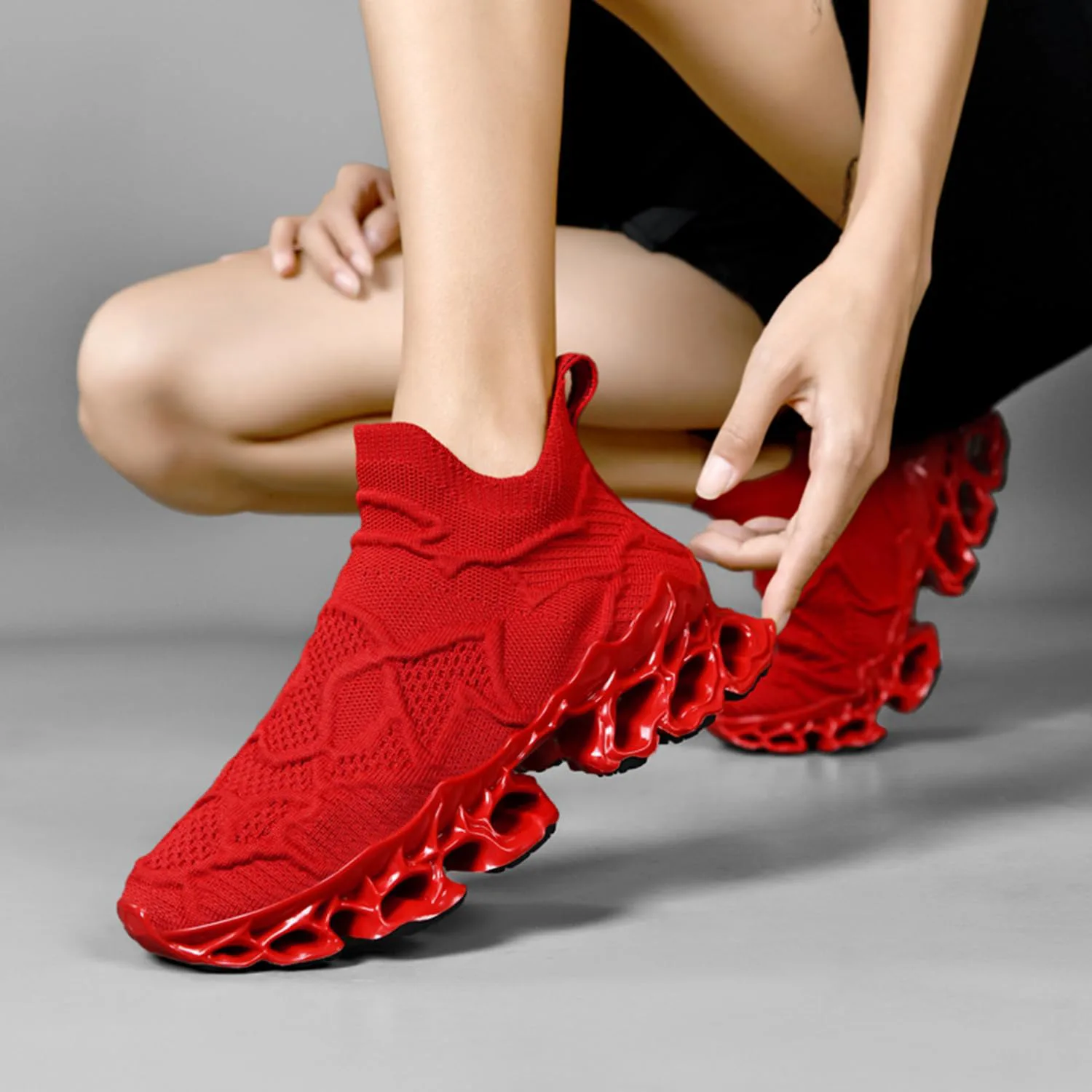 

Мужские слипоны Poramea, кроссовки для ходьбы и тенниса без шнурков, беговые кроссовки Blade, сетчатые для бега, трейл-джоггинга, повседневные спортивные, красный