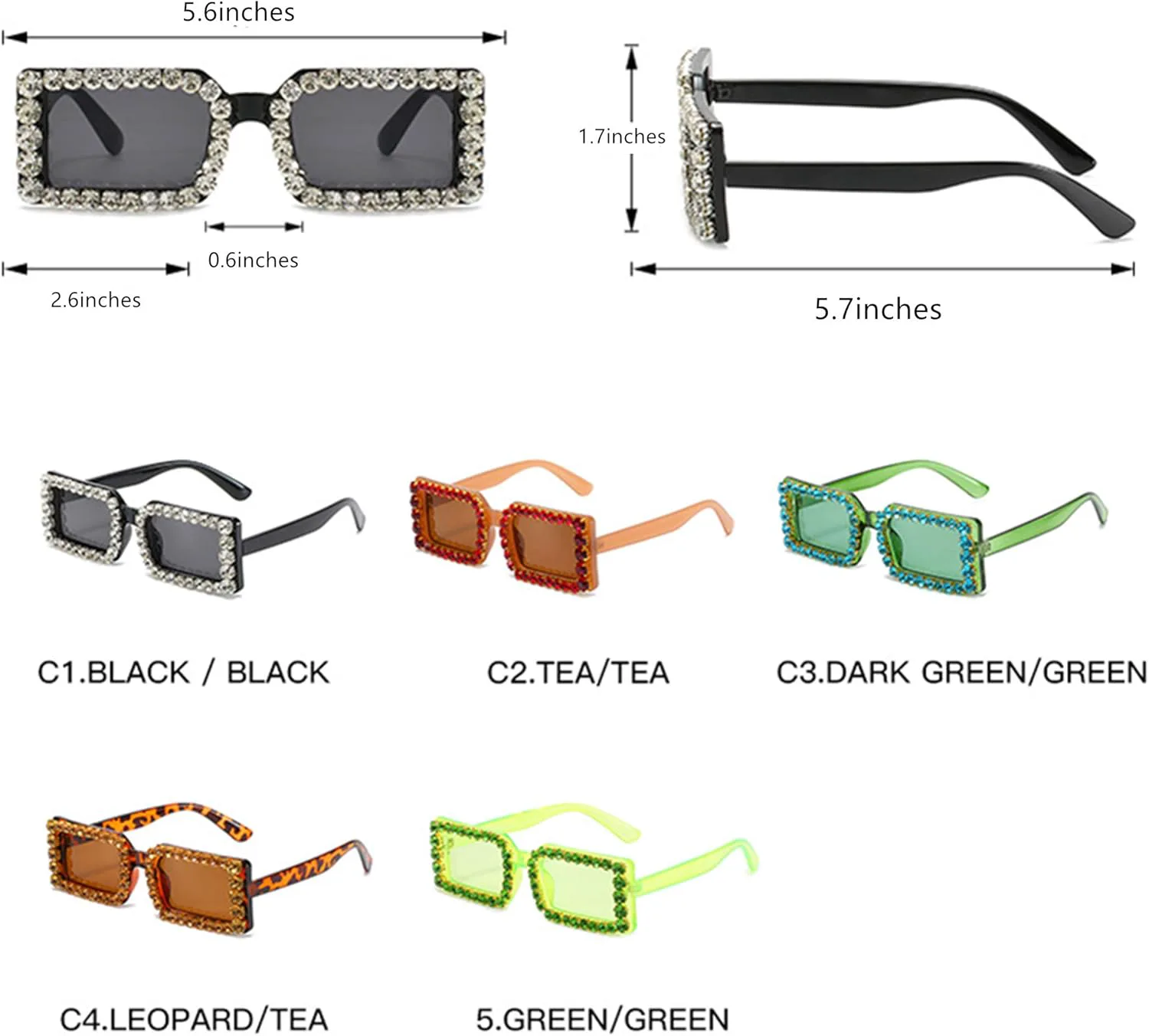 

bullabulling Квадратные модные тренды Ретро Большие бриллиантовые солнцезащитные очки Уличная фотосессия Солнцезащитные очки для женщин, Black Frame White Diamond