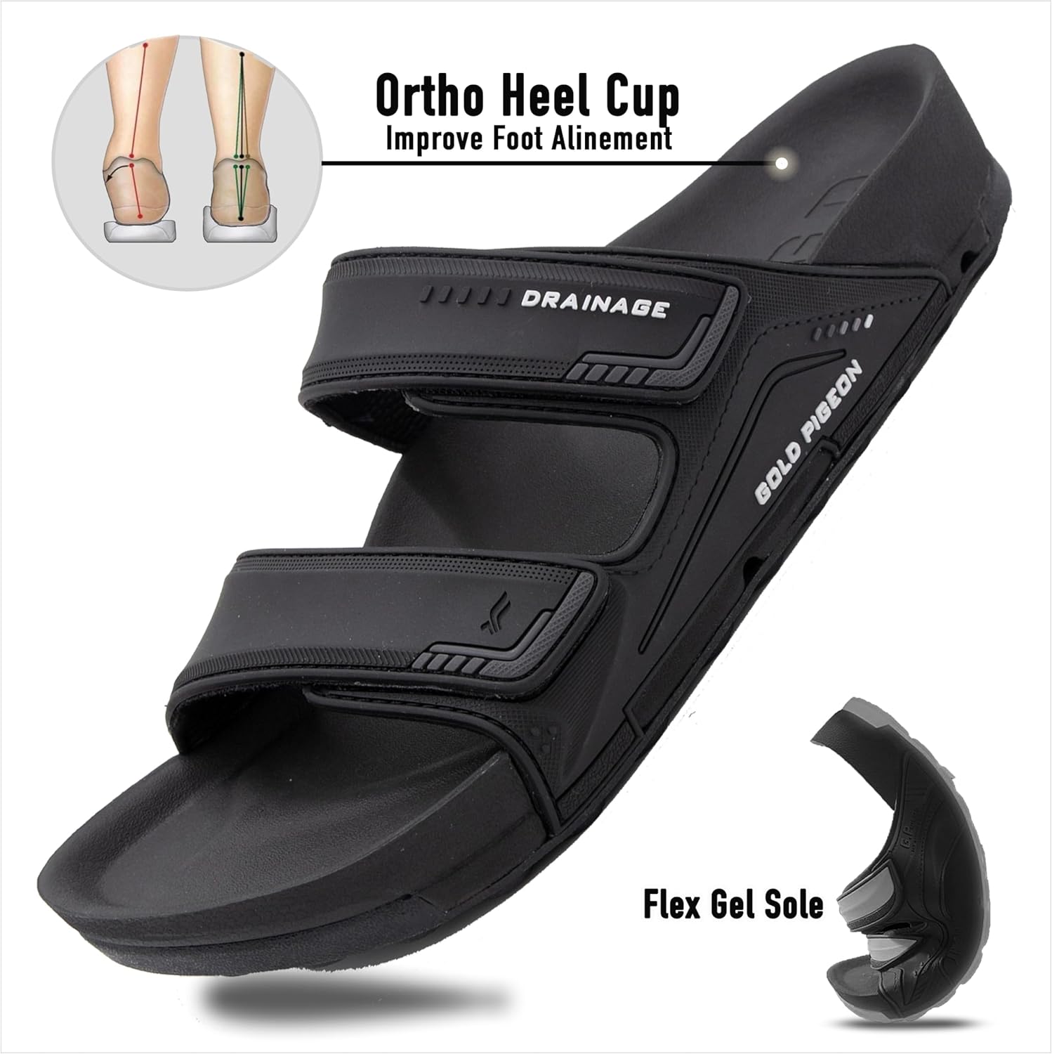 Сандалии Gold Pigeon Shoes PIRO унисекс с ортопедической стелькой Orthoheel, высокоплотным гелем и подошвой с водоотведением, черный — фото 3