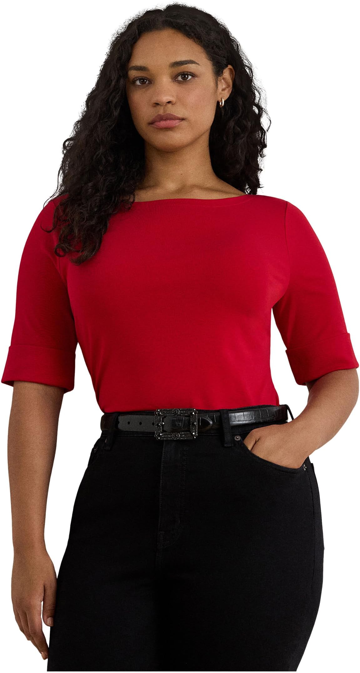 

Женская хлопковая футболка больших размеров с вырезом-лодочкой Lauren Ralph Lauren, Ralph Red