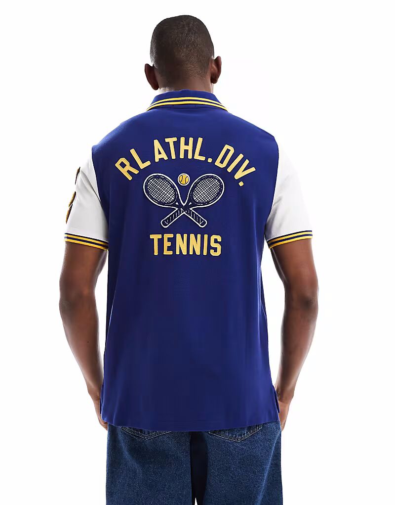 

Polo Ralph Lauren, пикейное поло с принтом на спине и значком P-wing, классический свободный крой темно-синего цвета
