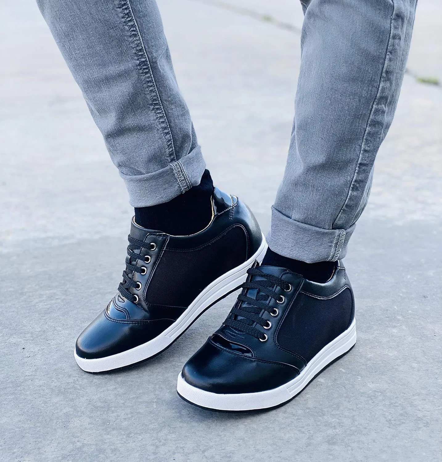 Мужские кроссовки TOTO Invisible Height Climber Shoes - черные кожаные/сетчатые, на шнуровке, повседневные, модные - на 3,2 дюйма выше - A53272 — фото 2