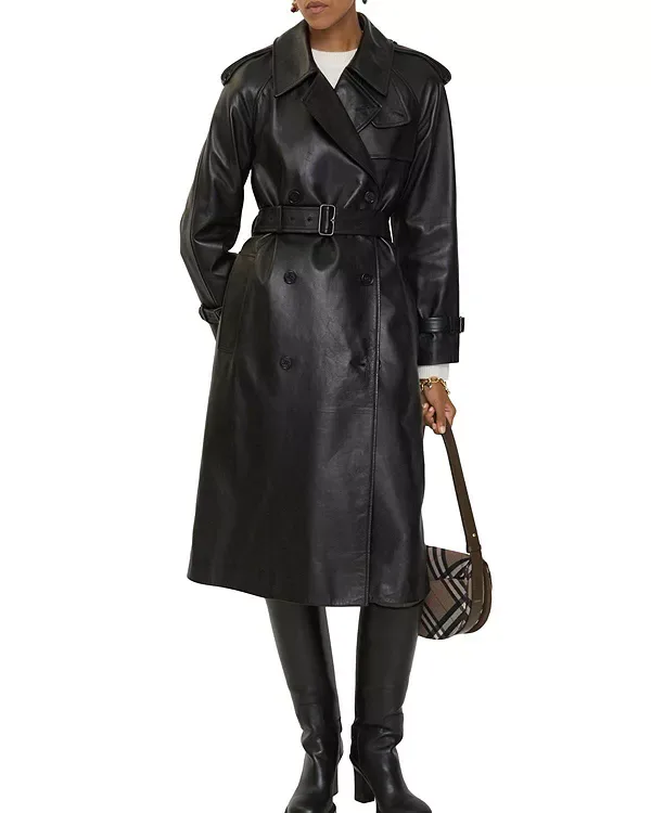 Тренч Burberry Каслфорд, длинный, кожаный, черный