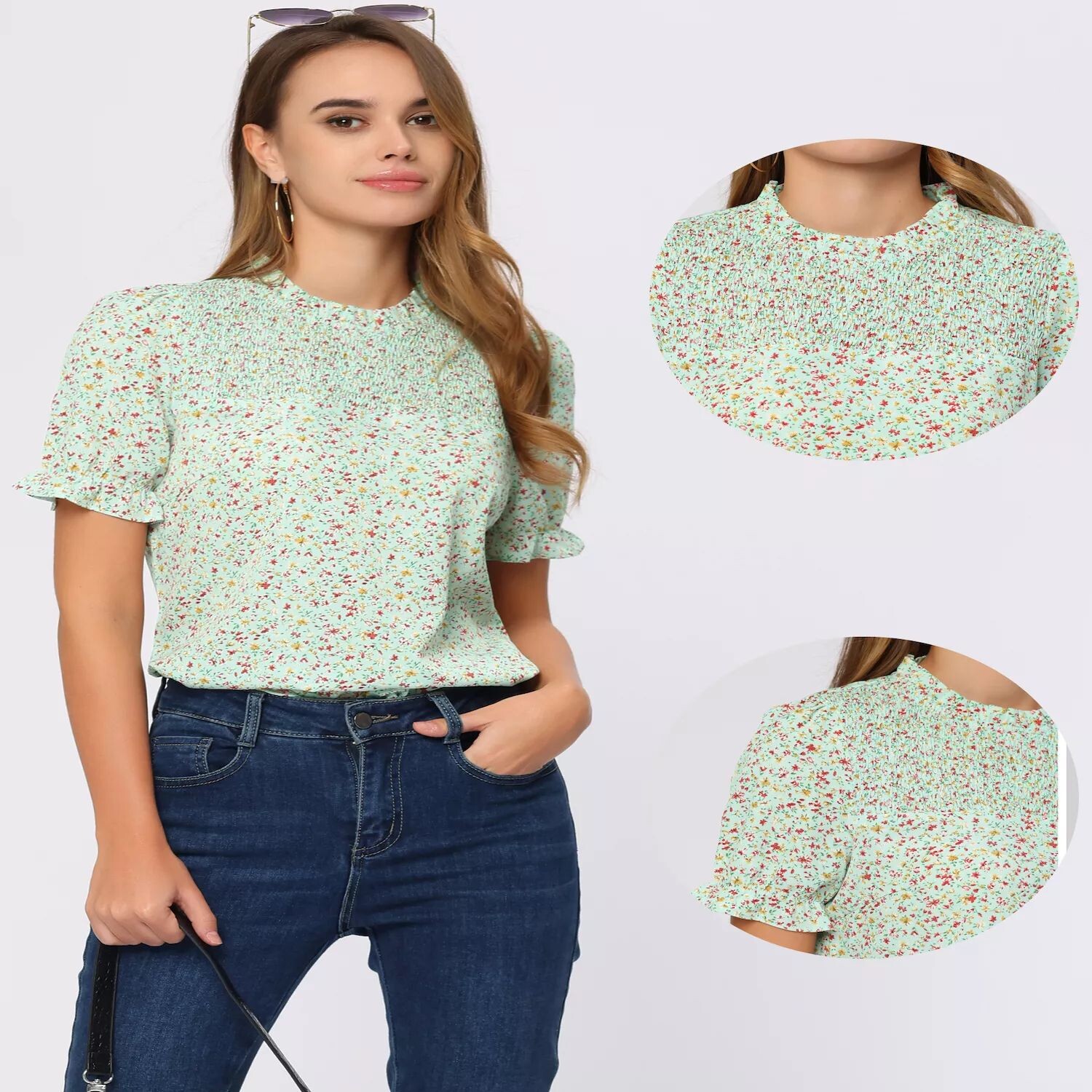 

Женская блузка с воротником-стойкой и пышными рукавами, с вырезом в виде замочной скважины и цветочным принтом ALLEGRA K