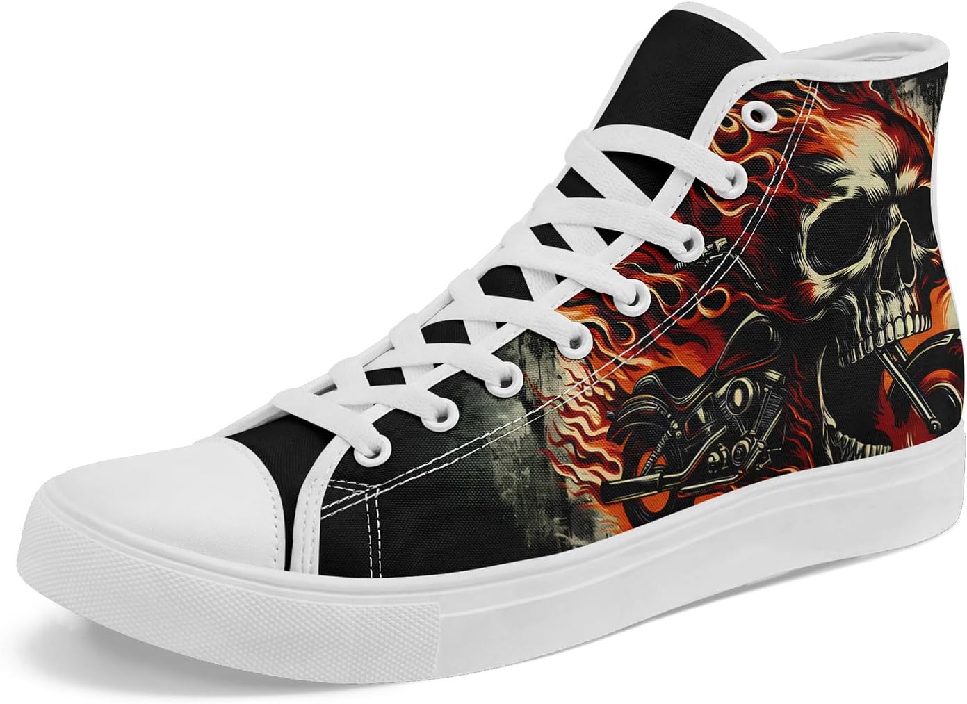 

Модные готические кроссовки с черепом и огненным рисунком на высоком холщовом верхе для мужчин и женщин, стильные и удобные, унисекс, на шнуровке, плоские, для повседневной ходьбы Coolcustomize, белый/оранжевый/коричневый/бежевый