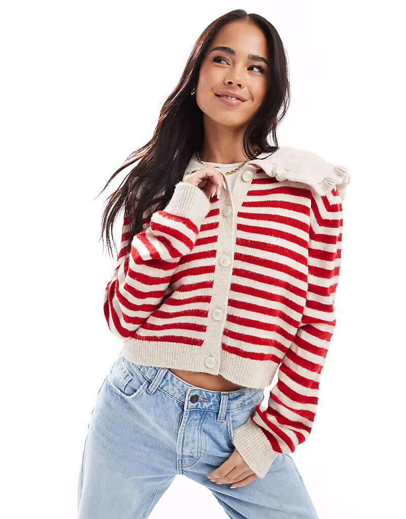 

Вязаный кардиган ASOS DESIGN в экрю и красном цветах с лацканами