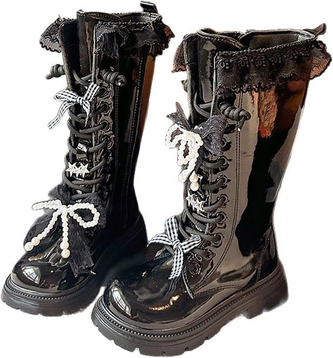 

Детские зимние ботинки для девочек до середины икры, вязаные, с флисовой подкладкой, высокие до колена, с боковой молнией, модные панк-башмачки из кожи, для детей 3-12 лет Generic, 07-Black