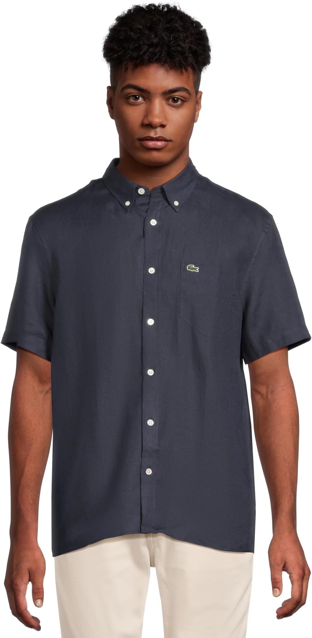 

Рубашка Lacoste Short Sleeve Regular Fit Linen Casual Button-Down Shirt with Front Pocket, цвет Navy Blue