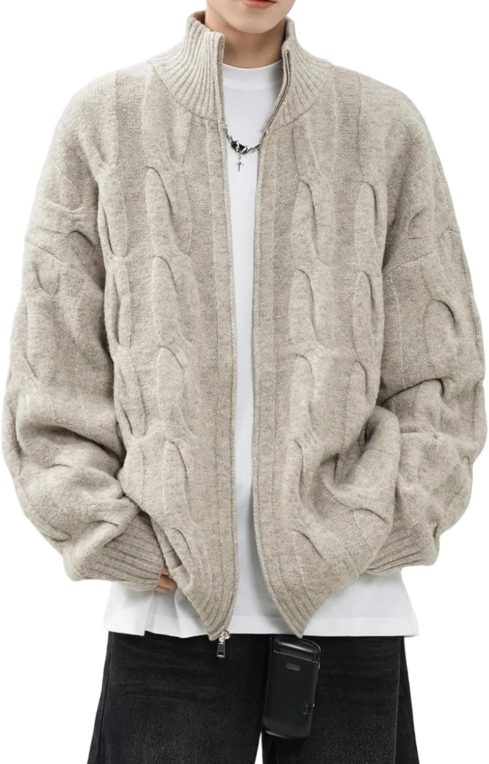 

Мужской кардиган на молнии с длинным рукавом, вязаный, с воротником-стойкой JHOKCI