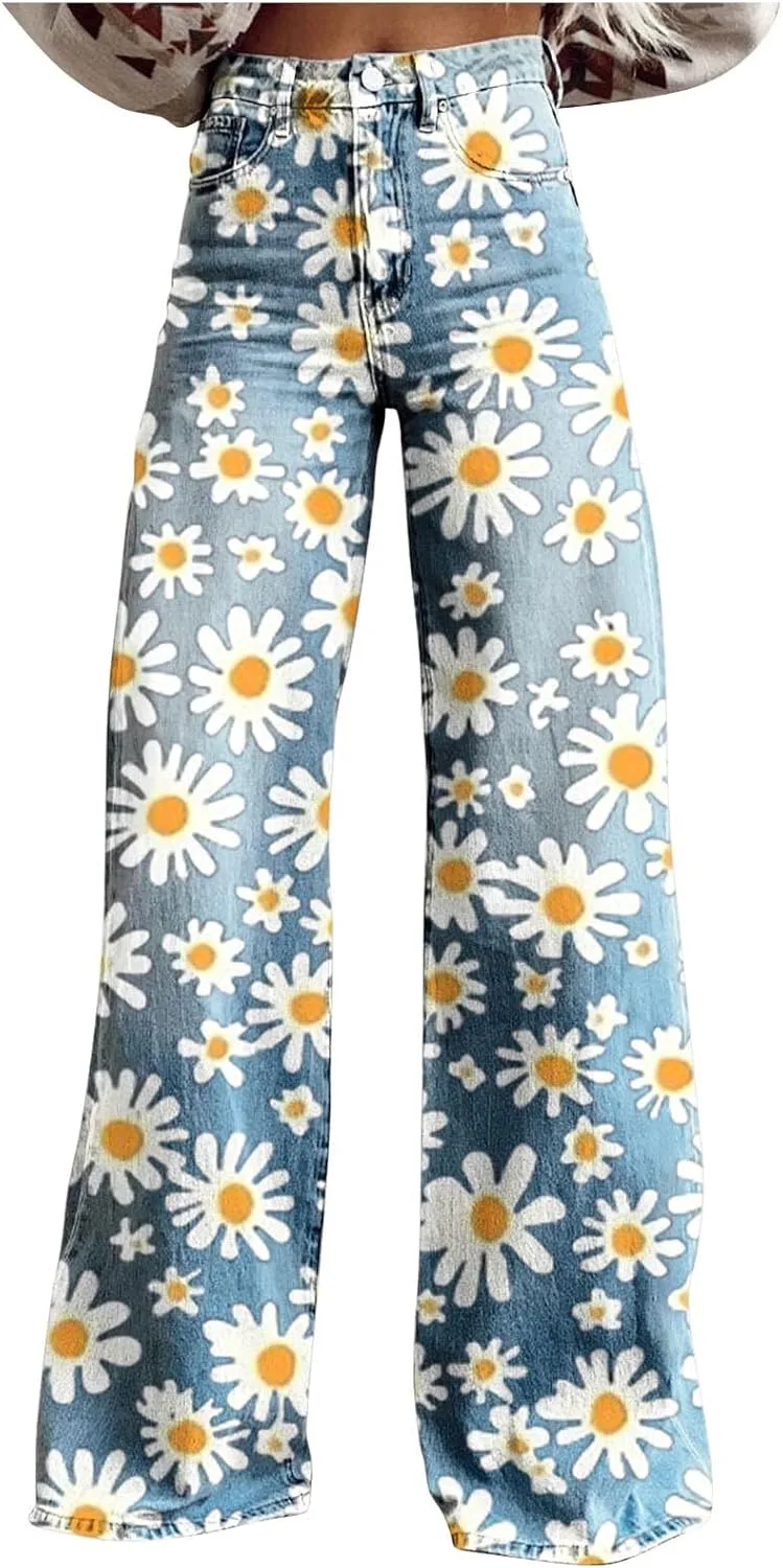 

Брюки джинсовые женские Boho с цветочным принтом, высокие, прямые, широкие