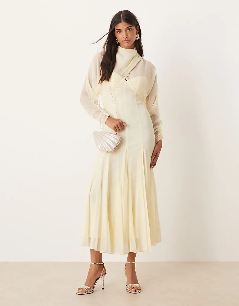 

Платье ASOS DESIGN с длинными рукавами, запахом, пышной юбкой-годе и платьем миди с глубоким вырезом на спине цвета пахты