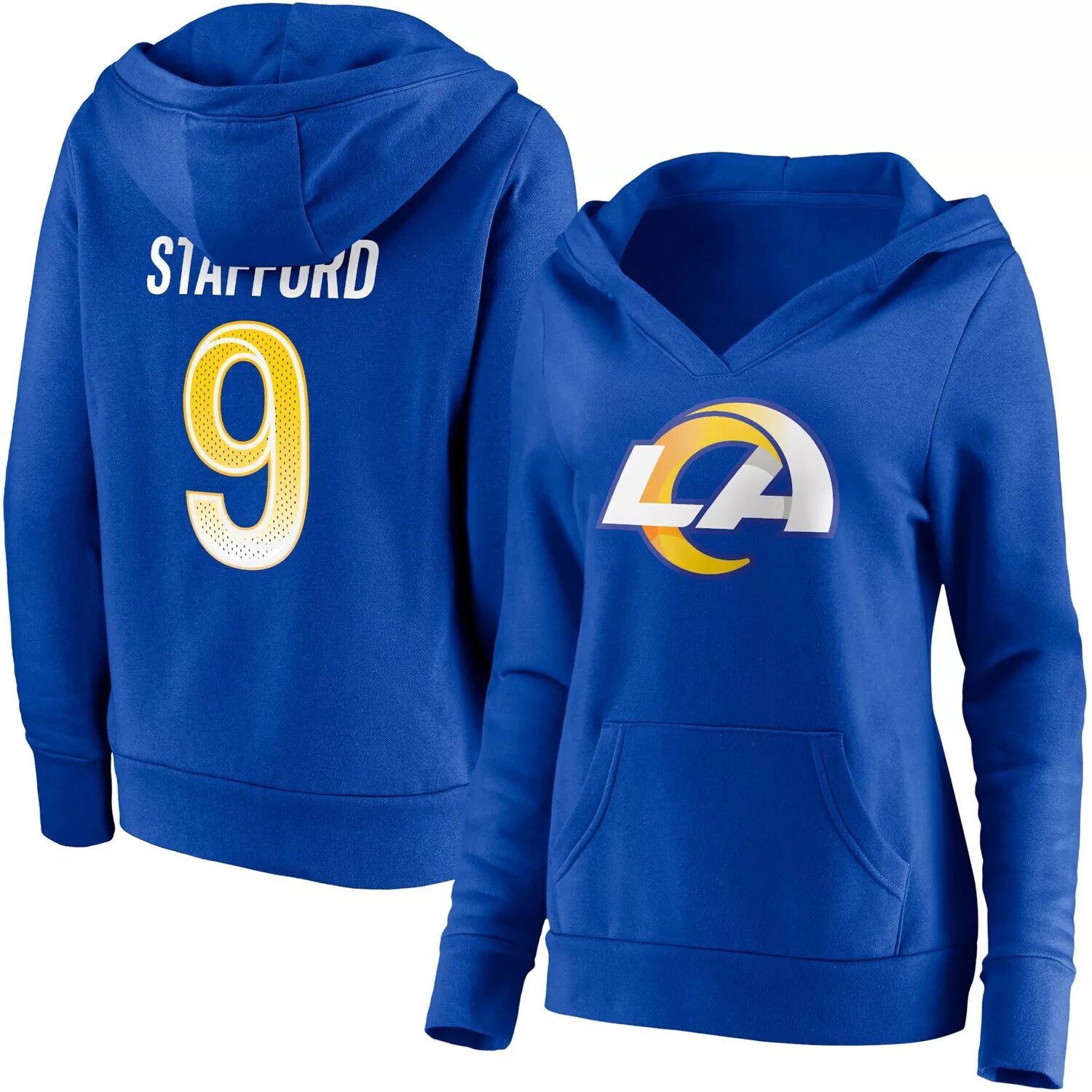 

Женский пуловер с капюшоном и логотипом Fanatics с логотипом Matthew Stafford Royal Los Angeles Rams, имя и номер, пуловер с v-образным вырезом Fanatics