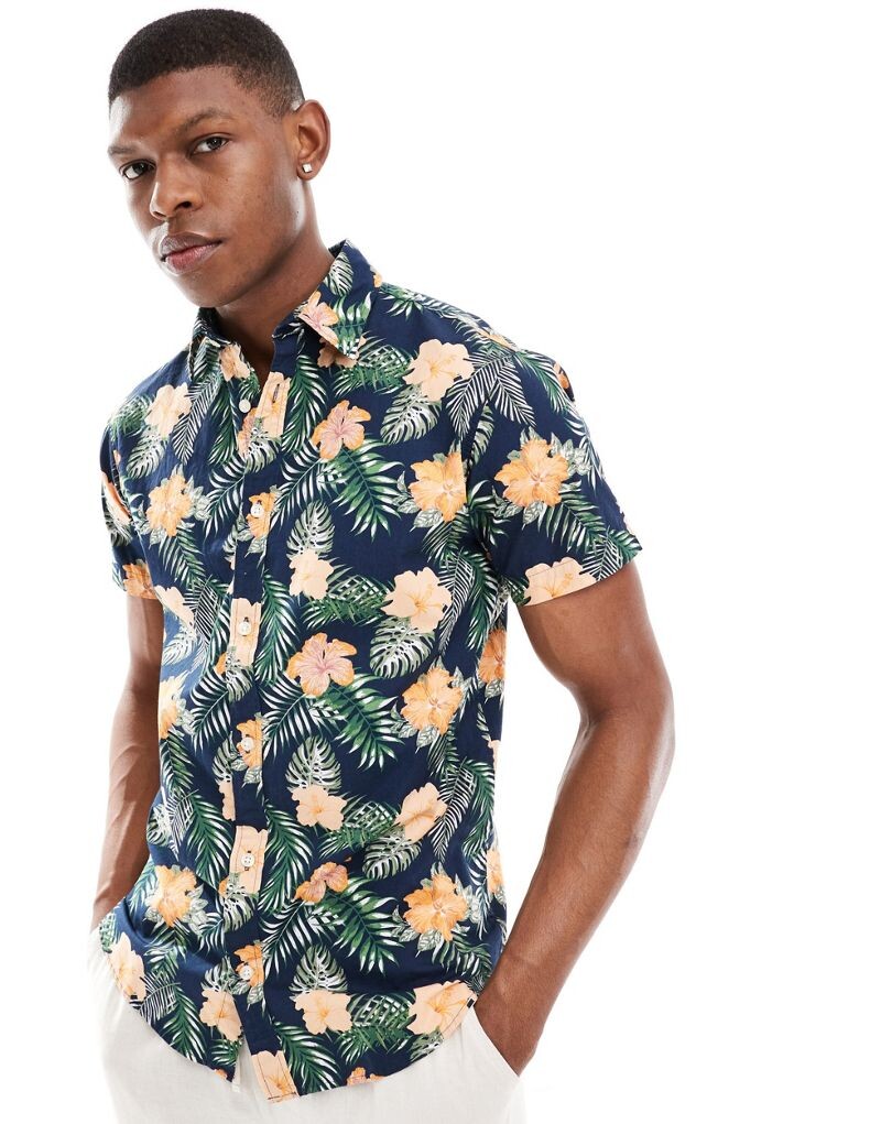 

Темно-синяя рубашка с цветочным принтом Jack & Jones