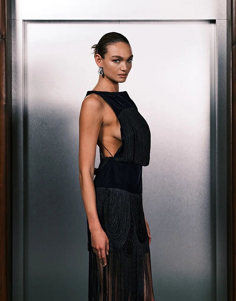 

Платье миди из бархата с бахромой и открытой спиной ASOS DESIGN темно-синего цвета