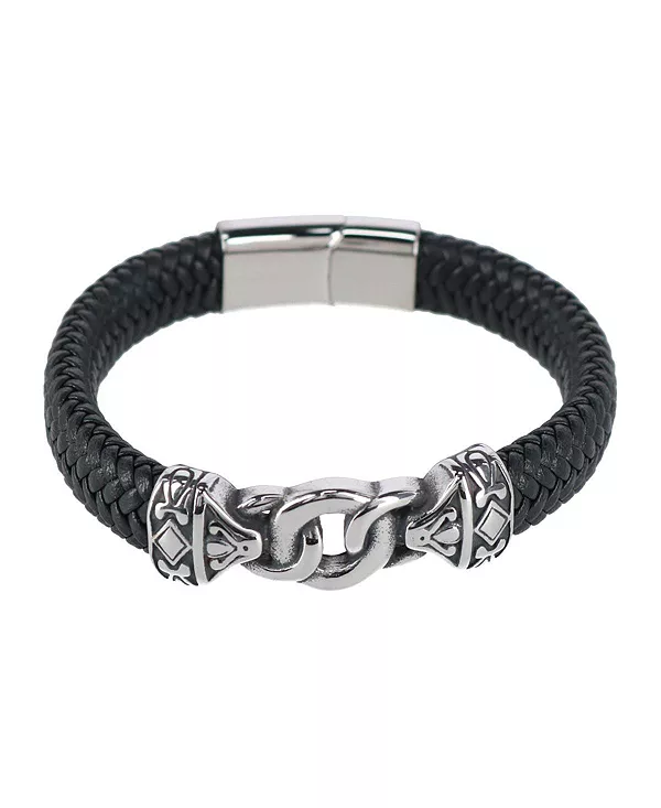 

Серебряный узор на черном кожаном браслете Trafalgar, black