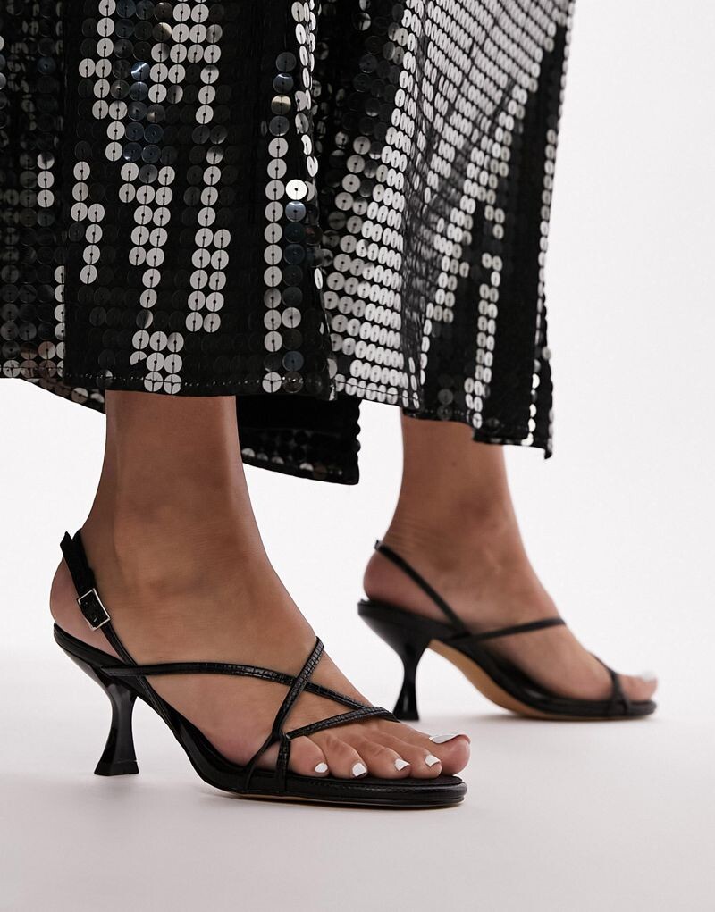 

Topshop - Iyla - Черные босоножки на каблуке под ящерицу с тонкими ремешками