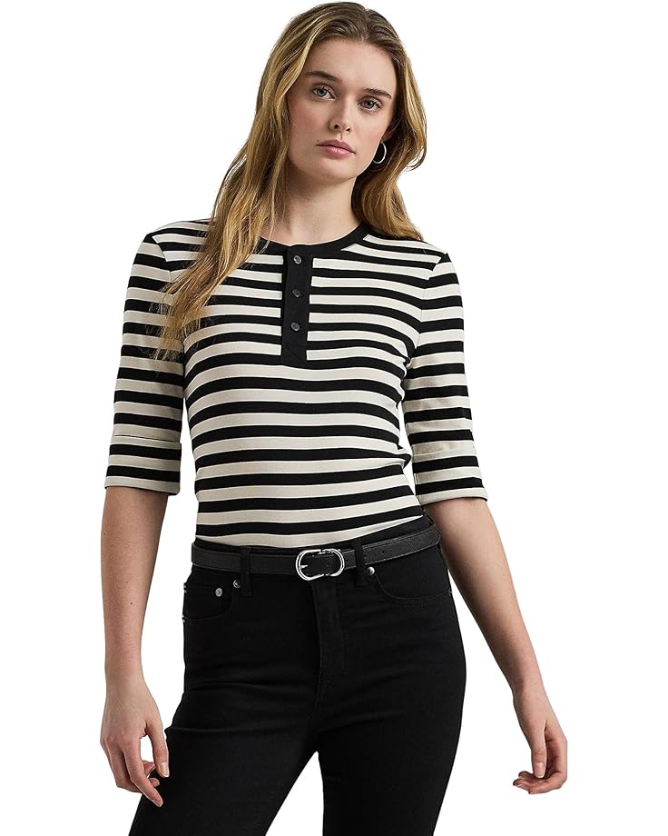 

Футболка Lauren Ralph Lauren Striped Stretch Cotton Henley Tee, цвет Black/Mascarpone Cream