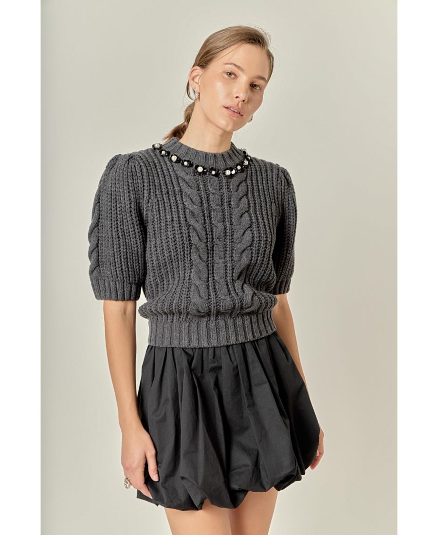 

Женская трикотажная толстовка с пышными рукавами и жемчужной отделкой English Factory, Charcoal