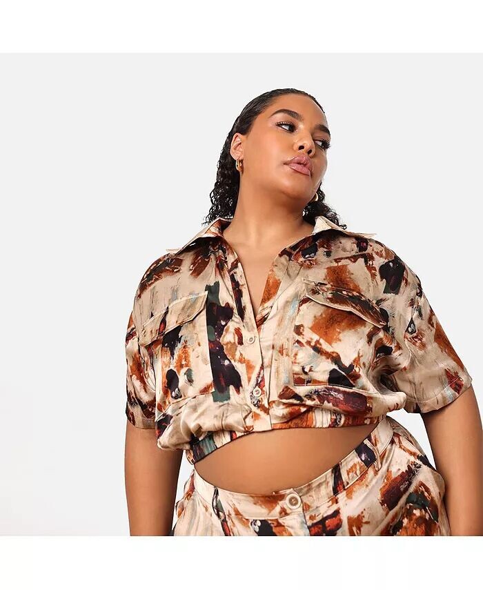 

Женский топ-топ Naima Satin Abstract Print Knotted Front Crop Top большого размера Rebdolls, мультиколор