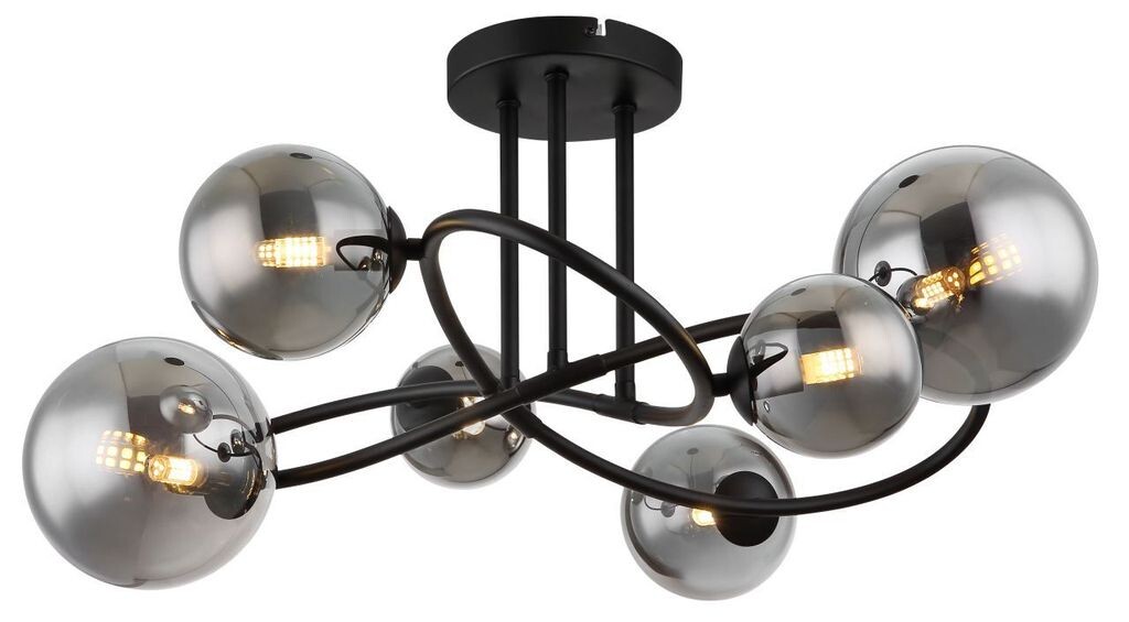 

Потолочный светильник Globo Lighting металл черный матовый, дымчатое стекло, ДхШхВ: 620х590х350мм, диаметр стекла: 2х10см, 2х12см, 2х15 см, в комплекте 6x G9 LED 3,5Вт 230В, источник 350лм, выходная мощность 130лм, 3000К