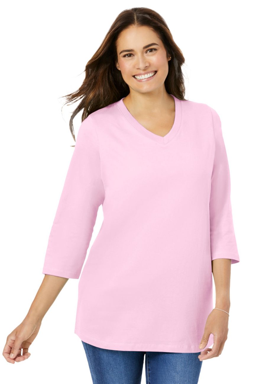 

Футболка больших размеров с рукавами три четверти и V-образным вырезом Woman Within, Pink, Розовый, Футболка больших размеров с рукавами три четверти и V-образным вырезом Woman Within, Pink