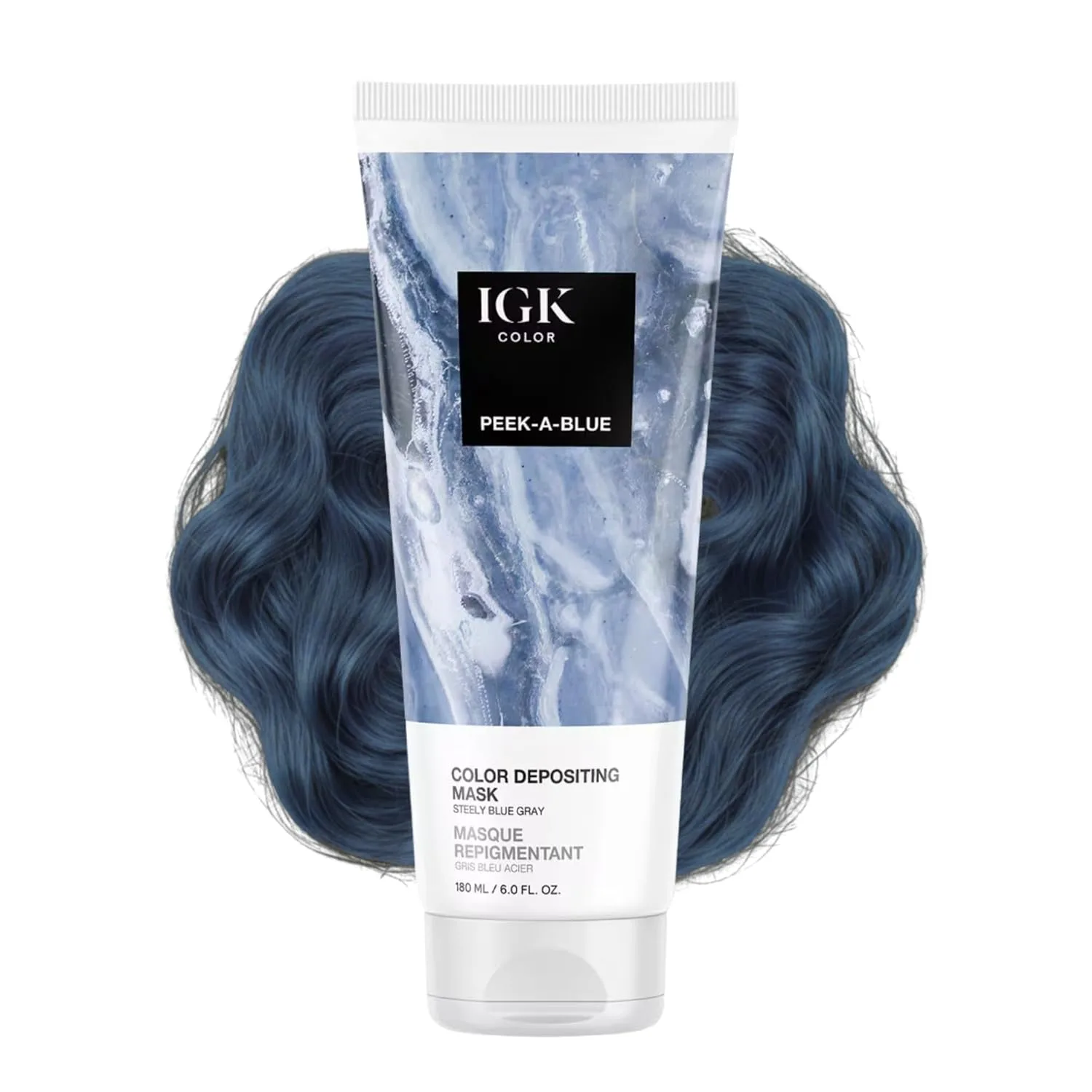 Маска для волос IGK Color Depositing Mask PEEK-A-BLUE - Стальной сине-серый | Кондиционирование + Увлажнение + Блеск | Веганский продукт + Не тестируется на животных | 170 г, Peek A Blue (Steely Blue Gray)