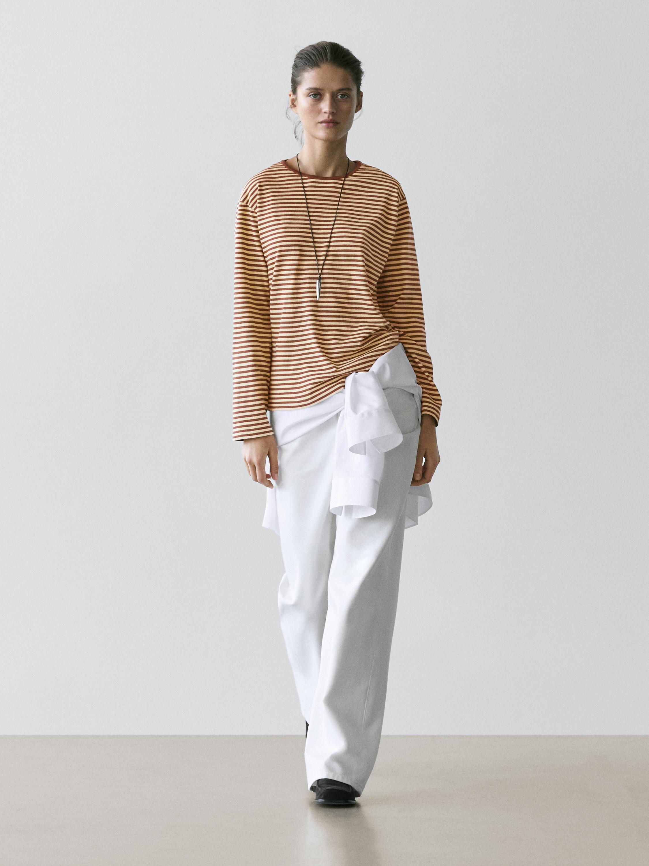 

Хлопковая футболка с длинным рукавом в полоску Massimo Dutti, brown, Коричневый, Хлопковая футболка с длинным рукавом в полоску Massimo Dutti, brown