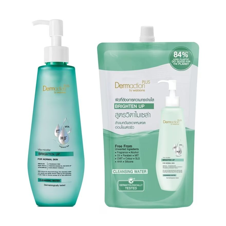 

Dermaction Plus by Watsons Dermaction Plus By Watsons Vita-Micellar Очищающая вода Brighten Up 250 мл+500 мл (запасной вариант), White, Other