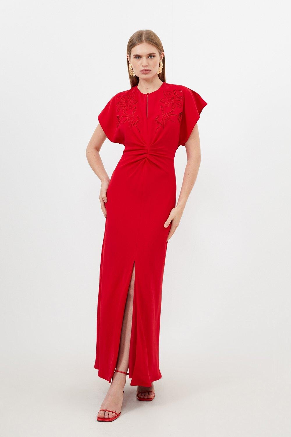 

Платье макси из кади премиум-класса Tall с ажурным узором Karen Millen, красный