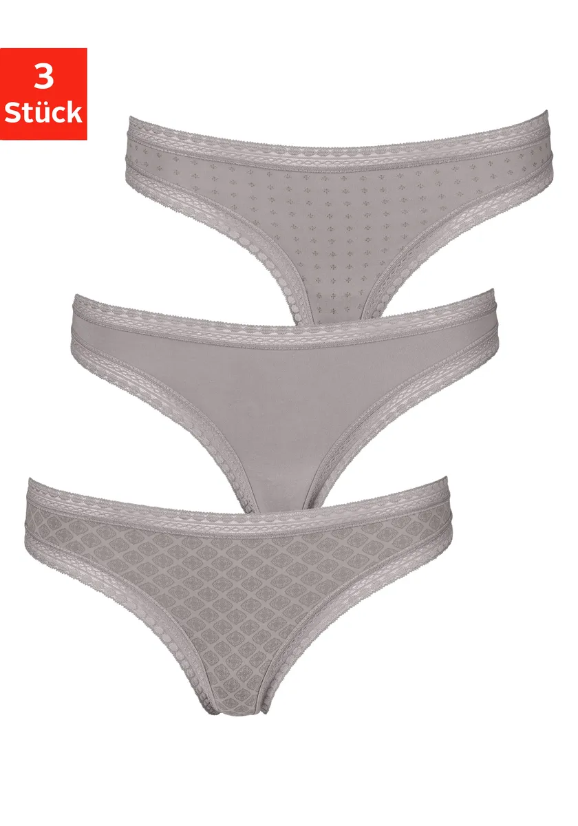 

Стринги LASCANA (3 шт.) из эластичного хлопка с мягким кружевом, коричневый