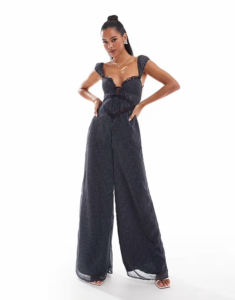 

Широкий комбинезон ASOS DESIGN черного цвета с горошком, кружевными вставками и корсетной отделкой