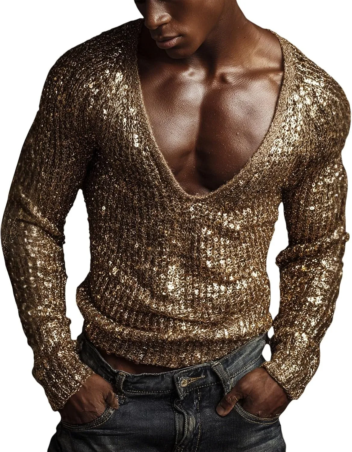 

Мужская блестящая футболка с пайетками и глубоким вырезом