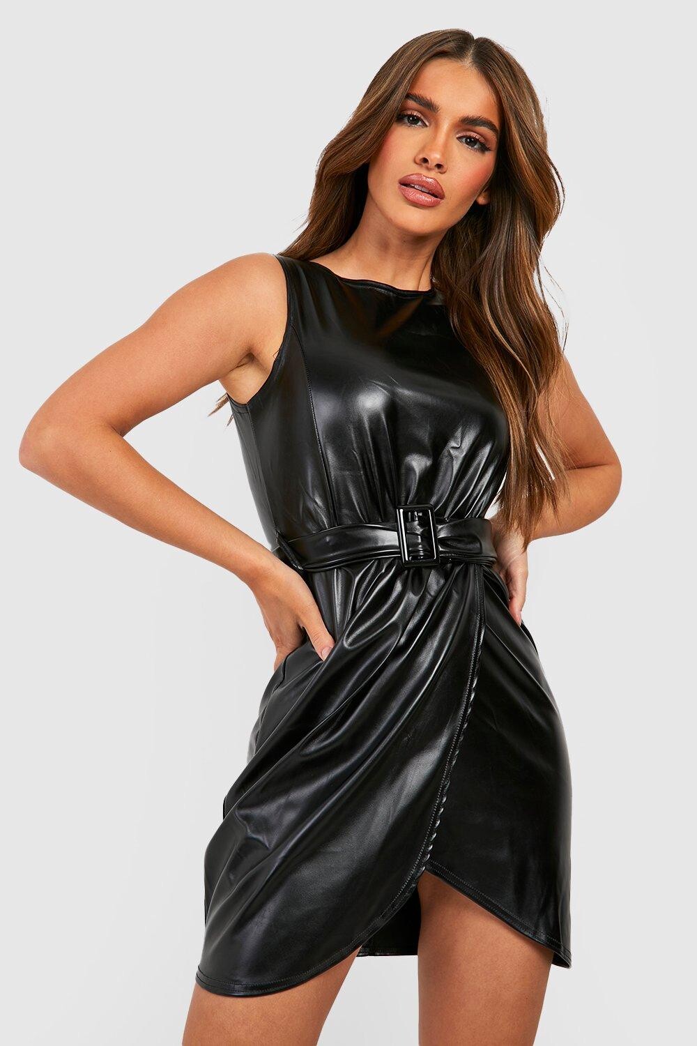 

Облегающее платье с поясом из пу Boohoo, черный