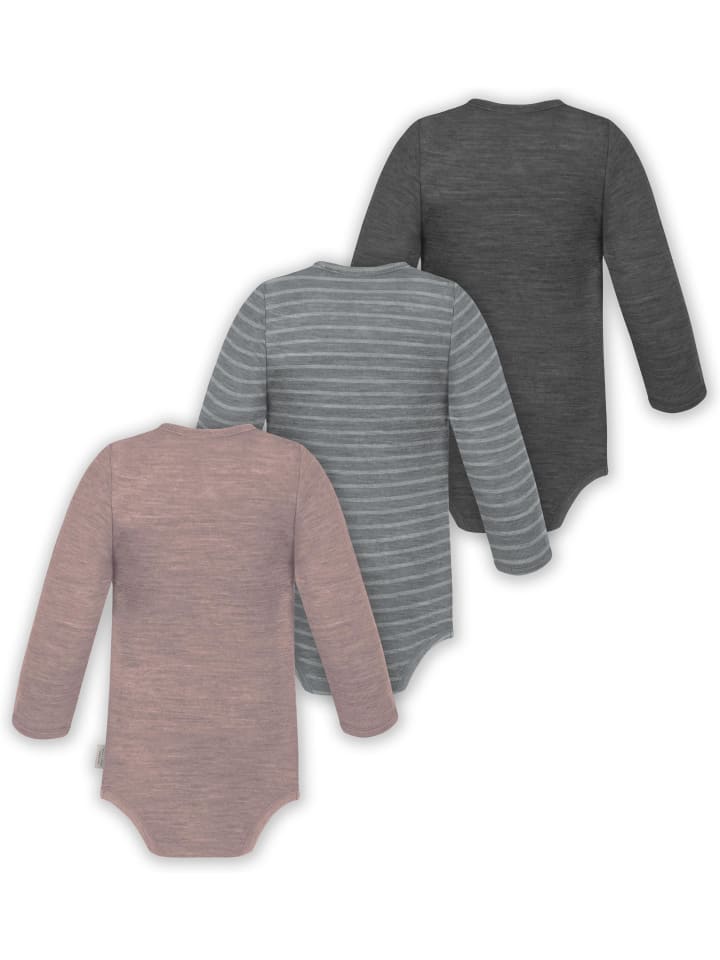 Normani Outdoor Sports Комплект из 3 детских боди с длинными рукавами из мериносовой шерсти, антрацитового/серого/розового цвета — фото 2