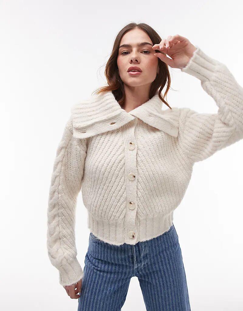 

Кардиган с воротником-стойкой, трикотажный, цвет слоновой кости Topshop