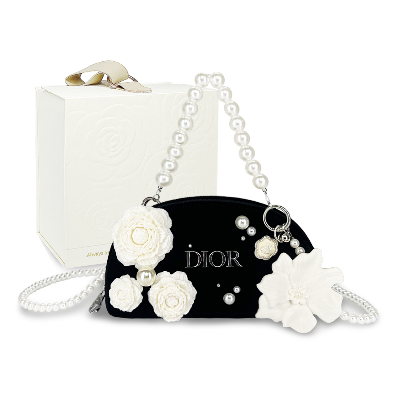 Сумочка Christian Dior бархатная с цветочными аппликациями и жемчужной ручкой, черный — фото 2