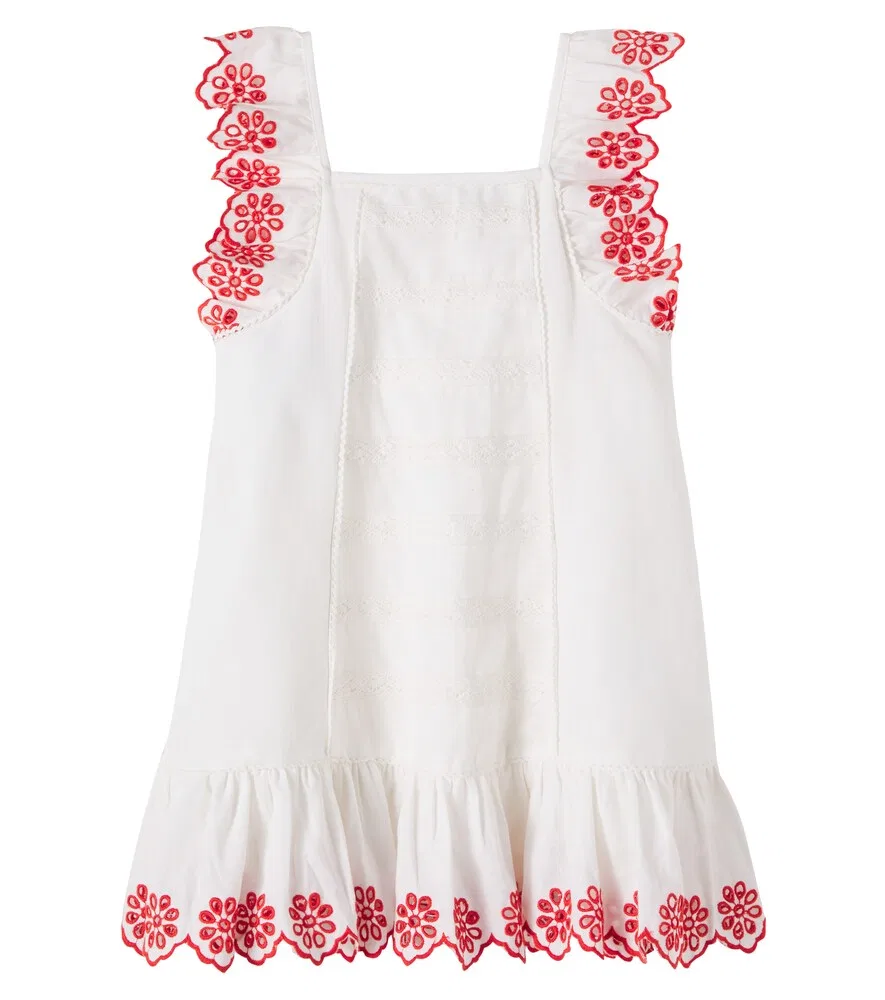 Платье из вышитого льна и хлопка Stella McCartney Kids, белый