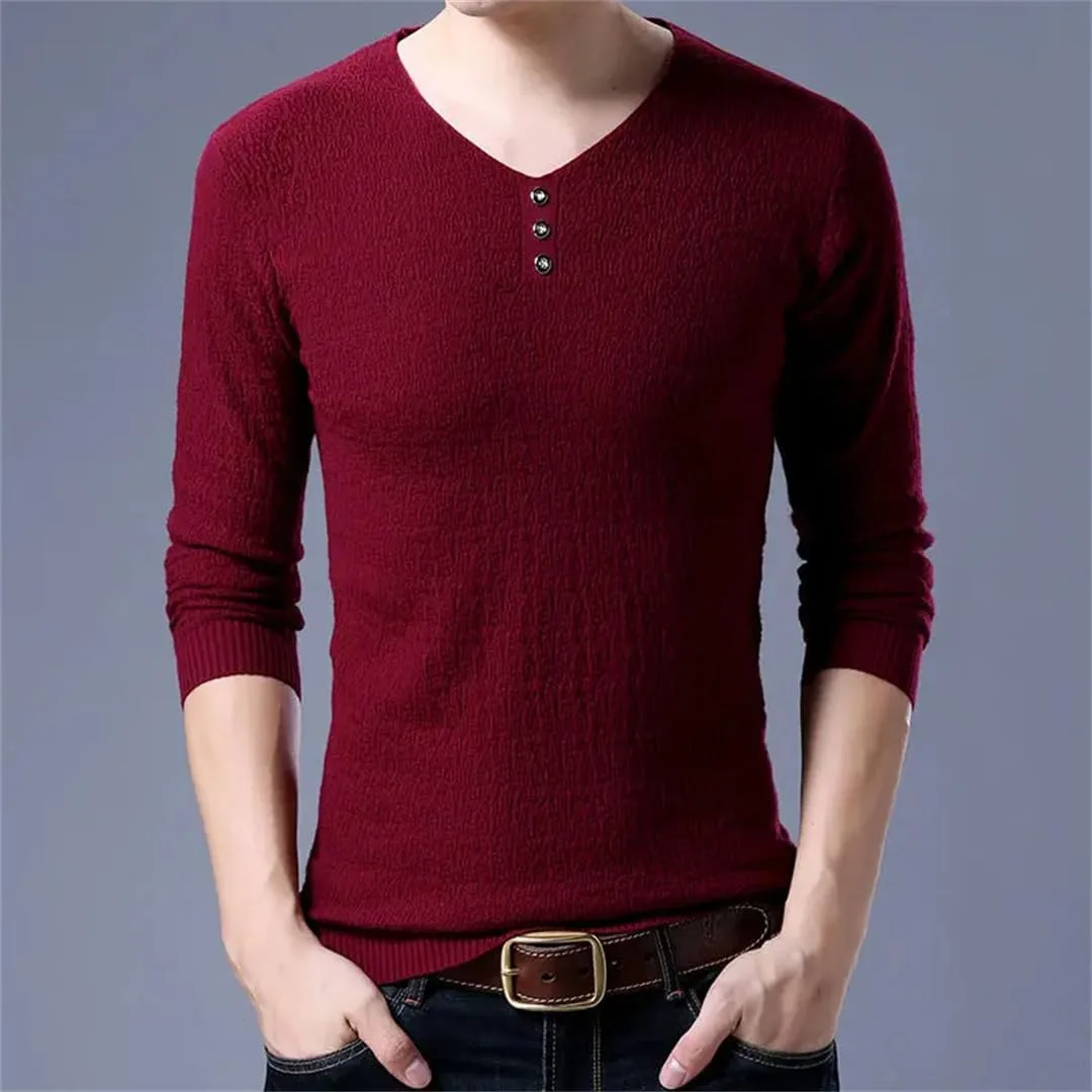 Мужской вязаный свитер с V-образным вырезом и пуговицами Slim Fit — фото 3