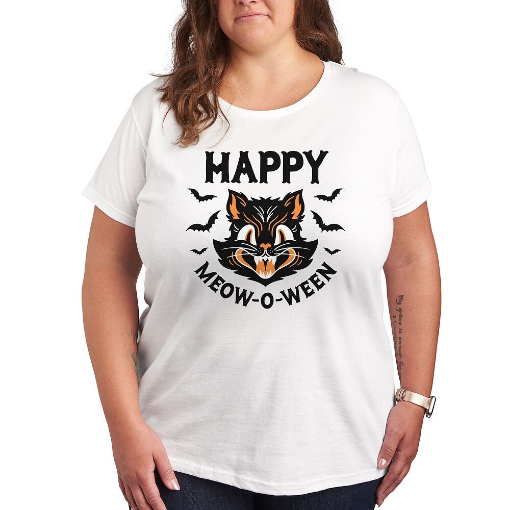 

Винтажная футболка размера плюс с рисунком Cat Happy Meow O Ween Licensed Character, белый