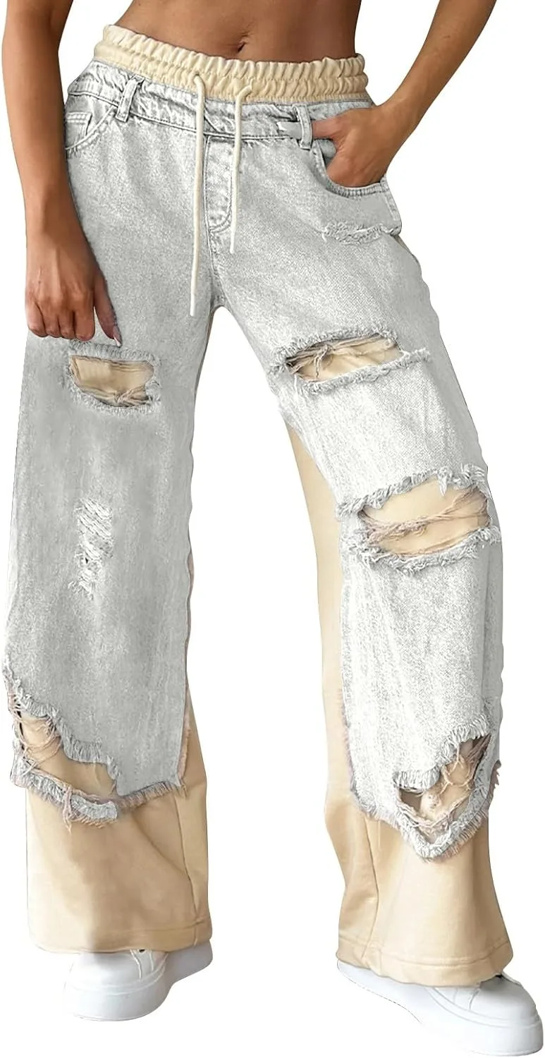 

Женские джинсы Hipster рваные потертые с завязками на талии LCMTWX