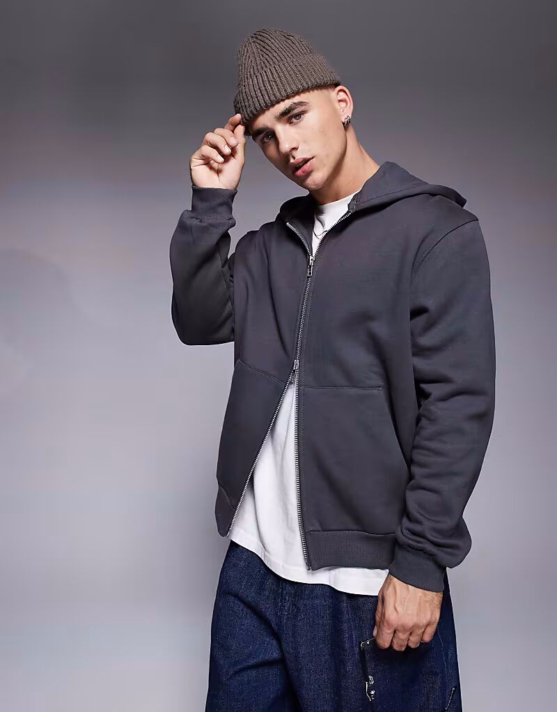

Толстовка ASOS DESIGN Premium из плотной ткани оверсайз с застежкой-молнией плотностью 400 г/м² серого цвета