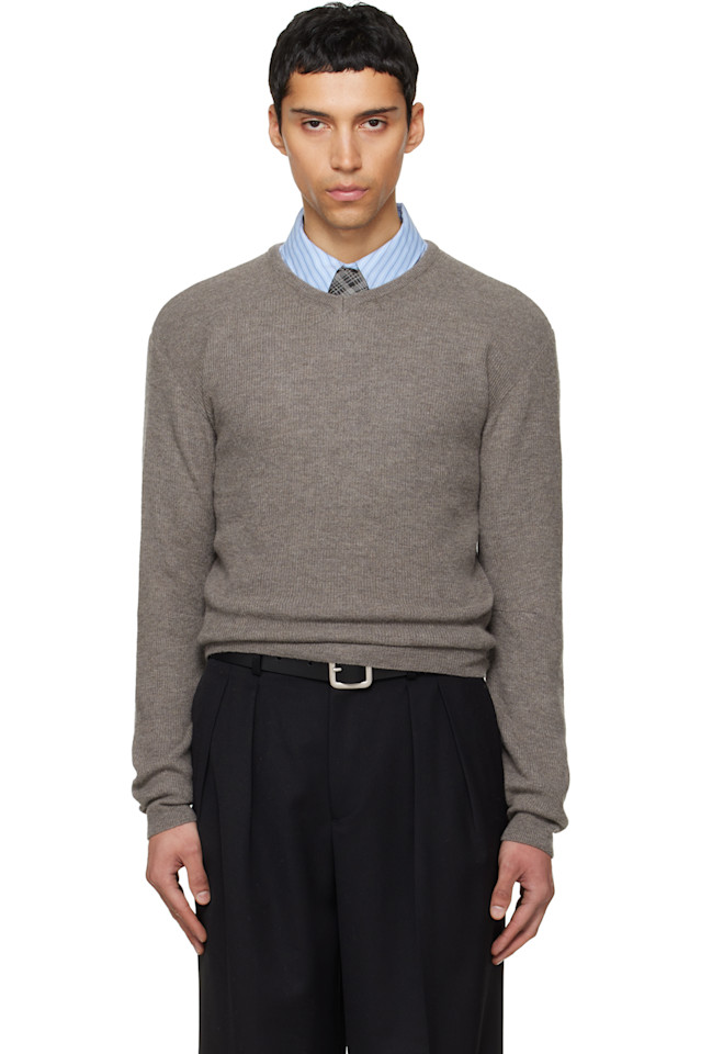 

Tonywack Вязаный свитер с V-образным вырезом из тонкой шерсти цвета таупе