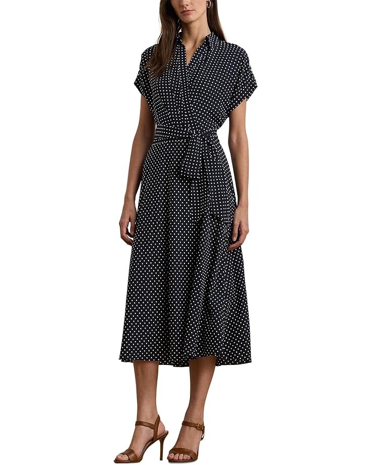 

Платье Lauren Ralph Lauren Polka-Dot Belted Crepe Dress, цвет Navy/Cream