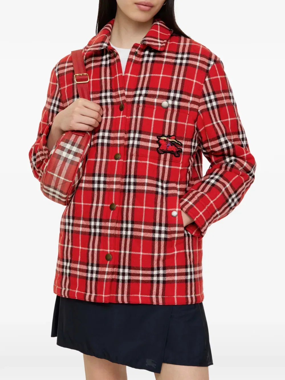 Шерстяная куртка Burberry в клетку с аппликацией, красный — фото 2