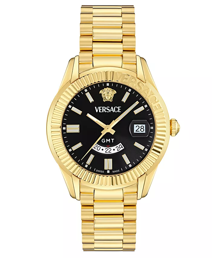 

Мужские часы Swiss Apodis GMT с золотым ионным покрытием на браслете 41mm Versace