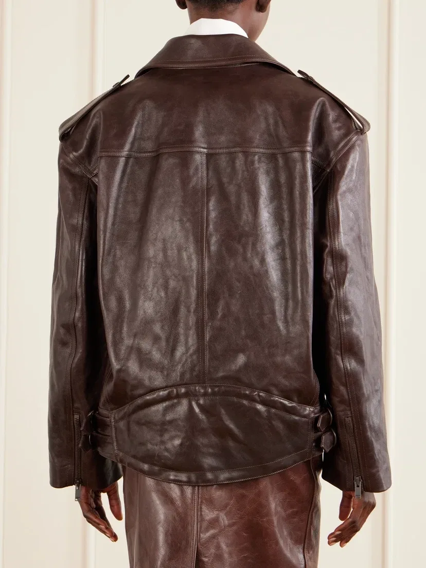 Куртка-косуха из глянцевой текстурированной кожи SAINT LAURENT, коричневый — фото 4